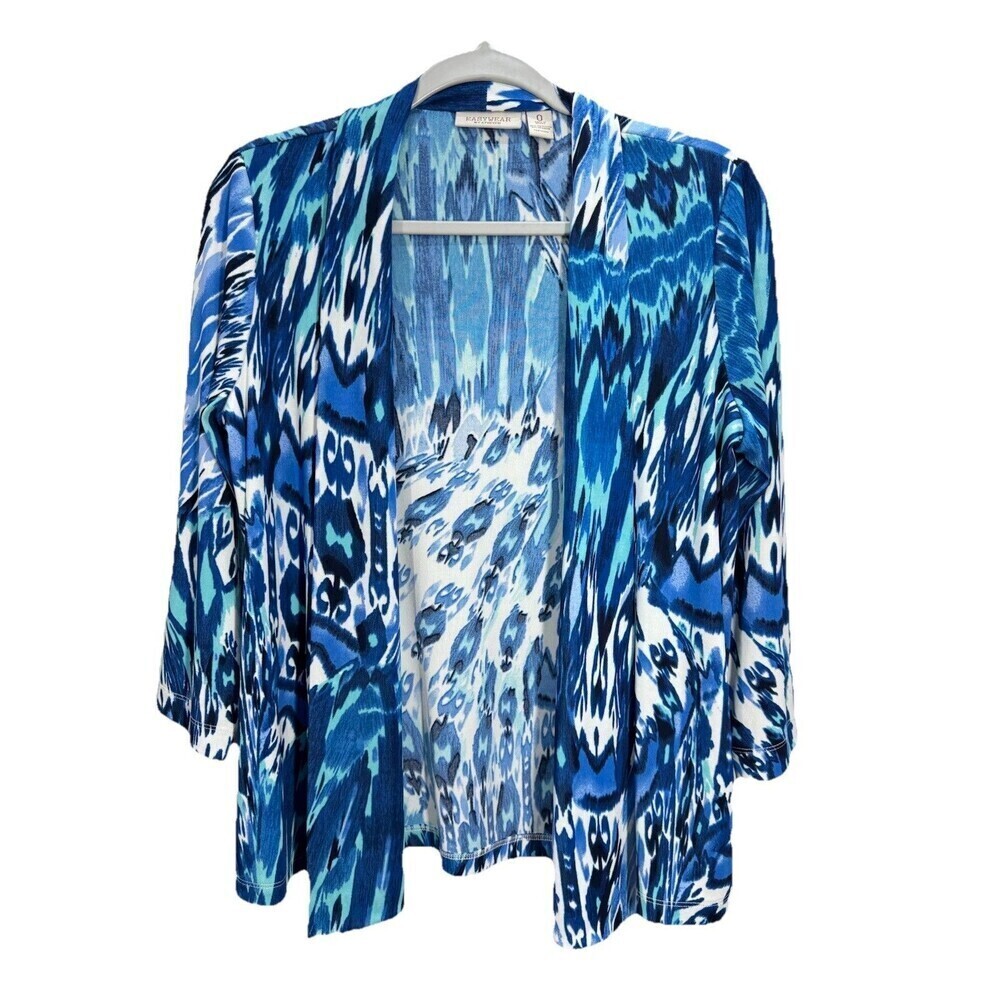 Chicos Easywear Magdelena Open Front Jacket Cardigan Sz Small/0 Blue Stretch EUC